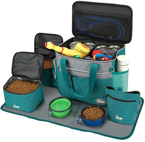 TAIHOYIN Hund Reisetasche Flugzeug Haustier Reiseset für Hundezubehör mit 2 Futtertasche+2 Zusammenklappbare Schüsseln+Fütterungsmatte+Hundeleckerli Tasche Hundetragetasche für Unterwegs, Blau grün