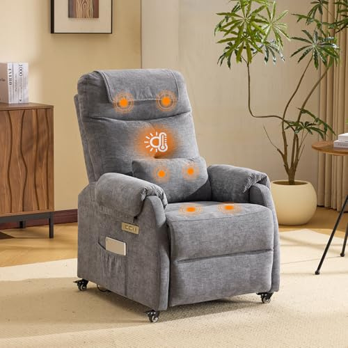 Bonnlo Fauteuil Massant, Fauteuil de Relaxation avec 6 Points de Massage et Chauffage, Dossier et Repose-Pieds Réglable Automatiquement, Équipé d'un Appui-tête et Un Coussin, Gris Foncé, Tissu