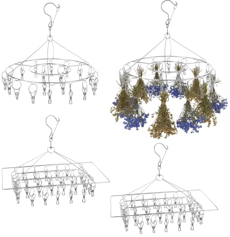 Caeuiciw 4 Pieces Stainless steel Hanging Drying Rack Two Kinds, Two of Each, Square and Round Stainless Steel with 30 Hooks, Space-Saving for Fresh and Aromatic and Clothes
