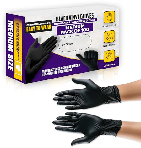 AHG Vinyl Gloves Medium Black 100 Pack | Disposable Gloves Powder & Latex Free | Food Safe Gloves for Cooking, Cleaning, Hair Dye, Gardening, Kitchen, Food Handling | Comfortable Fit for Everyday Use