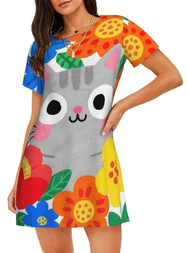 Zelinge Katt färgglad blommig nattlinne för kvinnor sömn t-shirt nattklänning för kvinnor bekväm myskläder medium