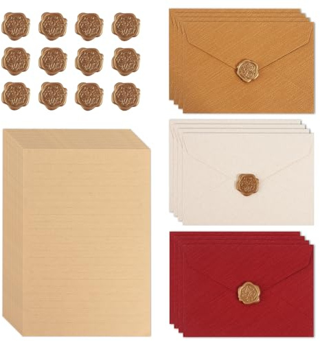 Brevpapper med kuvert, 44 stycken brevpapper, set med 12 kuvert och 12 vaxförseglingar, självhäftande och 20 A5-brevpapper, vintagepapper, kärleksbrev till födelsedag, bröllop, inbjudan