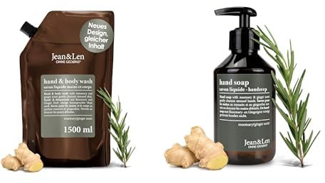 Jean & Len Hand & Body Wash Rosmarin & Ingwer Bundle: 1x 1,5L Nachfüllbeutel + 1x 250ml Handseife mit Pumpe, vegan, Flüssigseife, ohne Silikone/Parabene/Mikroplastik