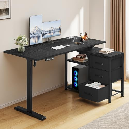 Homiflex 47 Inch L Shaped Standing Desk with 3 Drawers Electric Standing Desk with Storage Computer Desk Adjustable Height with Power Outlets 4 Memory Presets for Home Office Black