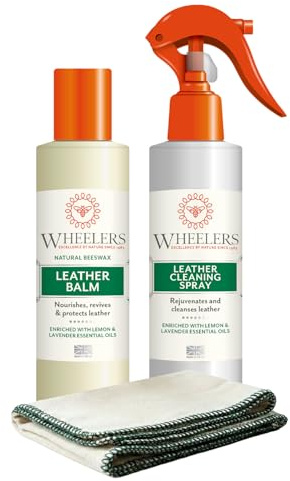 Wheelers Natural Leather Care Kit (Leather Cleaning Spray, Balm and Cloth) Natural Beeswax and Essential Oils, Cleanse, Revive, Nourish and Protect Sofas, Car Seats, Shoes, Jackets & More