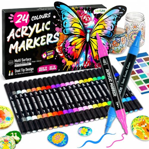 24 Acrylic Paint Pens - Dual Tip Acrylic Marker Pens - Dot & Brush Tip Acrylic Rock painting Pens for coloring Glass, Ceramic, Wood, Stone, Canvas, Fabric markers, Paint Pens for Adults Kids DIY Craft
