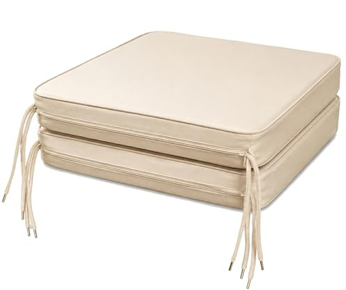 Indoor/Outdoor Chair Cushion 40x40x5cm with Ties, Water-Resistant Seat Pad with Non-Slip Backing & Zip Cover, Thick Replacement Cushions for Patio, Garden, Dining & Lawn Chairs (Cream, Pack of 2)