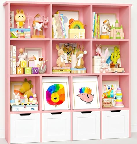 IRONCK Kinderregal Bücherregal mit verdeckte Klapptür (Rosa) | Kinderzimmer Möbel Spielzeugregl mit 4 Boxen auf Rollen, Kinder Kleiderschrank Aufbewahrungregal mit 10 Fächer
