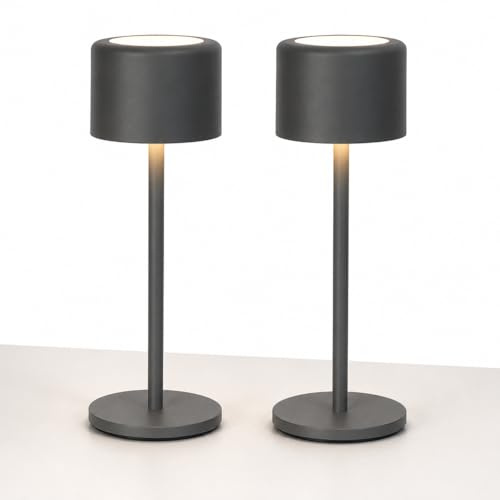 2er Set LED Akku Tischleuchte Juna sandgrau – kabellose Outdoor Tischlampen dimmbar IP54 mit 3 Lichtfarben, Sensordimmer USB Ladeanschluss 140 lm für Balkon Terrasse Garten Nachttisch (Juna sandgrau)