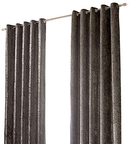 Sienna 2 Panel Crushed Velvet Curtain Eyelet Ring Top Pair of Fully Lined Curtains, Soft Luxury Light Blocking Curtains for Bedroom Living Room 90 x 90, Charcoal Grey