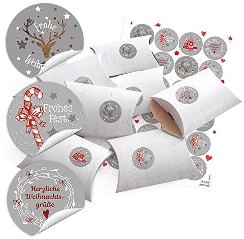 Logbuch-Verlag 10 kleine weiße Geschenkschachteln 14,5 x 10,5 x 3 cm + 24 Weihnachtsaufkleber grau rot - Mini Verpackung Weihnachten