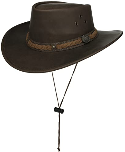 Scippis Townsville Lederhut Herrenhut Cowboyhut Westernhut Outbackhut Herren - mit Kinnband, Lederband Winter Herbst Frühjahr Sommer Frühling-Sommer Herbst-Winter - S (54-55 cm) braun