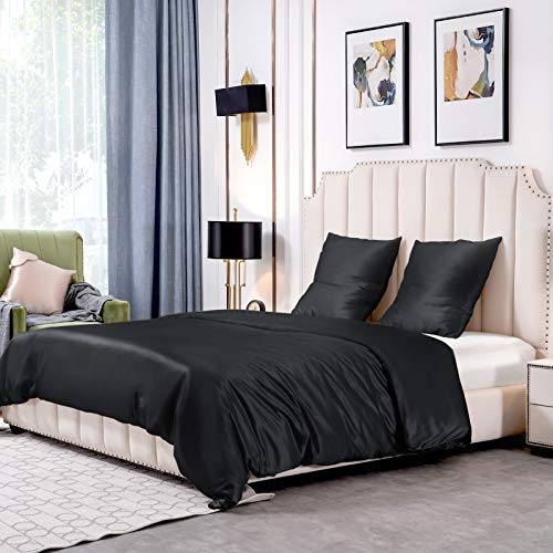 THXSILK 25 Momme Seidenbettwäsche Set 3 teilig, Bettbezug 240 x 220 cm und 2 Kissenbezüge 80 x 80 cm, Hypoallergen Maulbeerseide Bettwäsche Set, Ultra Weich und Glatt, Schwarz