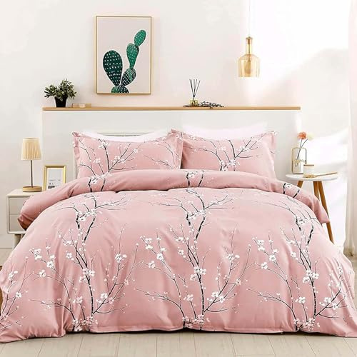 WONGS BEDDING Pink Floral Duvet Cover Set Twin,Reversible Flower Bedding Set with 1 Pillowcase, Pink Plum Flower Pattern Comforter Cover Set with Zipper Ties Soft Microfiber 68x86(Not Comforter)