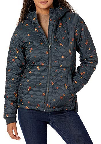 Amazon Essentials Women's Lightweight Water-Resistant Sherpa-Lined Hooded Puffer, Black Leafy Floral, Large