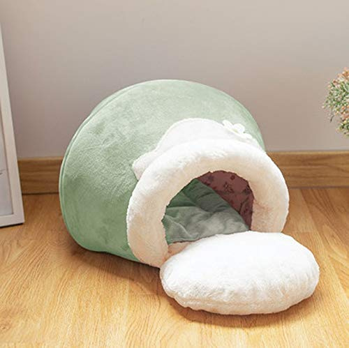 KGCA 3in1 Haustierbett für Katzenhund Soft Nest Zwinger Katzenbett Haus Topf Topfform Höhlenhaus Schlafsack Matte Pad Zelt Haustier Winter Warm Gemütliches Bett 62x38x31cm Grün