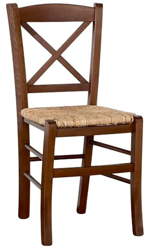 okaffarefatto zimbardi costanza Esszimmerstuhl aus Holz, rustikal, Nussbaumkreuz, dunkel, mit Sitz aus Reisstroh
