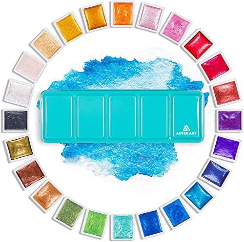 ANTEK ART® Aquarellfarben Set [24x Metallic Glitzerfarben] – Aquarell Set unterwegs im Metallkoffer inkl. Mischpalette – Wasserfarben in Künstlerqualität
