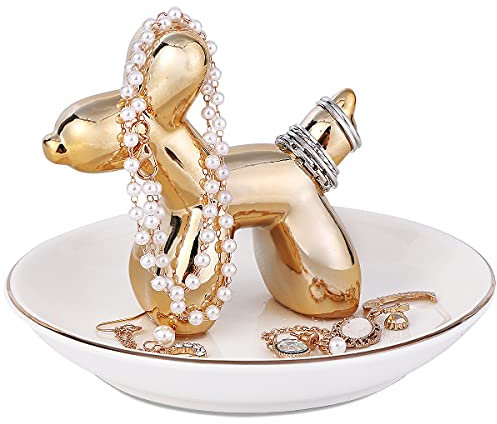 SANFERGE Portaanelli a forma di cane, in scatola dorata, per orecchini, gioielli, collana, bracciale, organizer in ceramica, per donne di compleanno, piatto da 12,7 cm