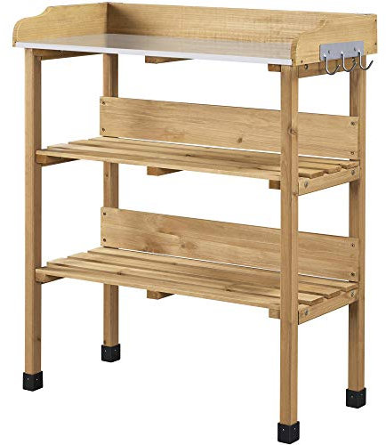 costoffs Wooden Potting Bench Table Garden Fir Wood Potting Table with Storage Shelf and Hooks, 77x37x90 cm Wood