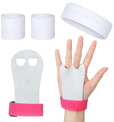 Protectores de Empuñaduras de Palma de Cuero PU de Tallas de Niños con Set de 3 Bandas Deportivas de Sudor Diadema y Muñequera Deportiva para Niños Niñas Equipo de Gimnasia