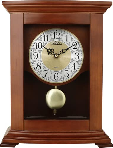 PRIM Holz Tischuhr, Braun, Pendel-Holzuhr, Quarz-Schrittmotor, Verziertes Zifferblatt, Luxus Deko für Wohnzimmer, Schlafzimmer, Büro