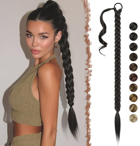 FESHFEN Geflochtener Zopf Haarteil - Schwarz Braun Braid Extensions Pferdeschwanz mit Haargummi Kunsthaar Lang Geflochten Ponytail Synthetik Haare Zöpfe zum Einflechten für Damen, 85 cm