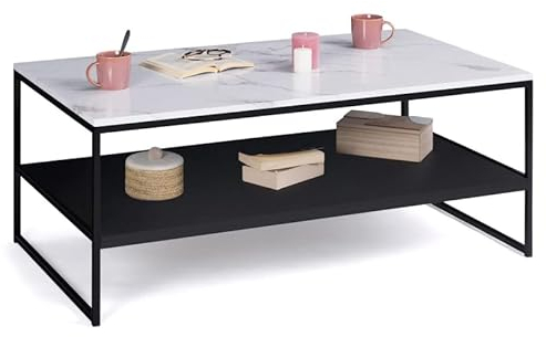 IDMarket - Couchtisch Alaska, Doppelplatte, Marmor-Effekt und Schwarz, Metallfüße