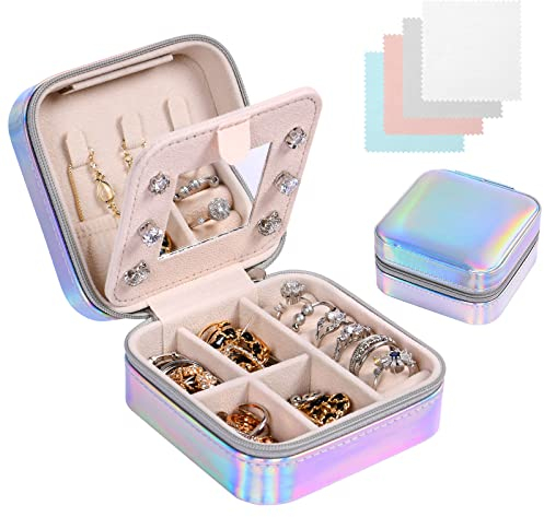 Aucuu Schmuckkasten, Schmuckkästchen Klein Reise für Damen Mädchen, Reiseschmuckaufbewahrung mit Spiegel, Schmuckschatulle,Schmuck-Organizer, Schmuckbox, Jewelry Box, Scatola portagioielli