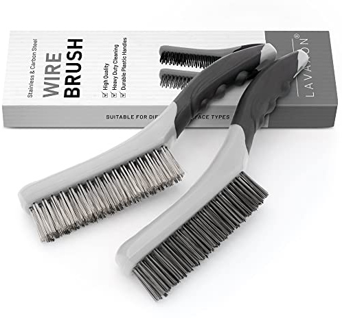 Wire Brush Set,Heavy Duty Carbon Steel and Stainless Steel Wire Scratch Brush for Cleaning Rust,Paint, Welding with Long Curved Rubber Handle,2 Pcs,Large (Grey)