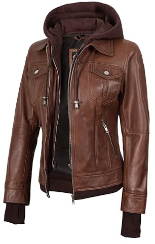 fjackets Giacche in pelle da donna - Cappuccio rimovibile e bomber giacca in vera pelle di agnello da donna, M