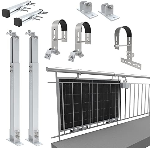 NuaSol - Balkonkraftwerkhalterung Geländer Befestigung für 1 Solarmodul, ein Wechselrichter Photovoltaik | rund | Set | Neigungswinkel 0° & 25-45°| Geländer Durchmesser bis 80mm, Silber