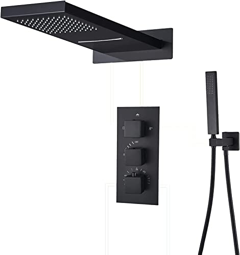 DERBUT Unterputz-Duschsystem, Thermostat-Duscharmatur-Set, Unterputz-Duschmischbatterien, Set mit Handbrause und Wasserfall-Regendusche, Chrom