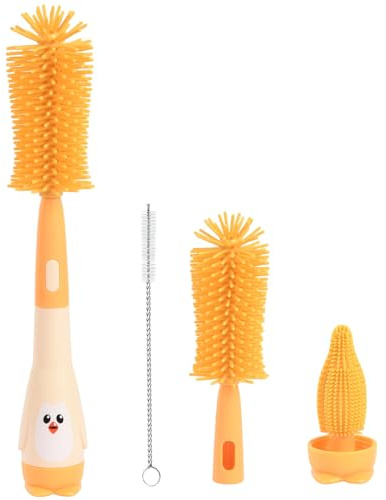 Vicloon Baby Flaschenbürste Set, 3 in 1 Silikon Babyflaschenbürste für Babyflaschenbürste und Sauger, BPA-frei, mit Soft Brush Saugerbürste Strohhalmreiniger(Gelb-Pinguin)