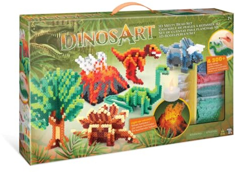 DinosArt Großes Bügelperlen-Set, viele verschiedene 3D Dinosaurier-Motive, über 4.000 Perlen und Musterkarten + Sammelkarten, kreativer Bastelspaß