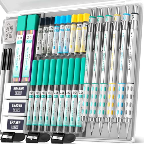 Nicpro 6 Stück Blocky Gear Kunst Druckbleistift Set mit Etui, 36 Stück Metall Druckbleistifte 0.5, 0.7, 0.9mm & 2mm Minenhalter zum Zeichnen Skizzieren mit 20 Röhren (6B 4B 2B HB 2H 4H Farben) Minen