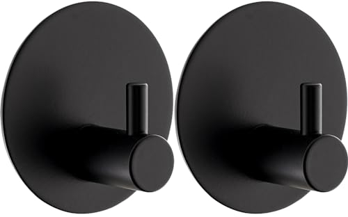 Drenky Black Self Adhesive Hooks No Drilling 2 Pack Waterproof Towel Hooks for Bathrooms Stainless Steel Towel Hooks with Adhesive Pads for Bathroom Kitchen