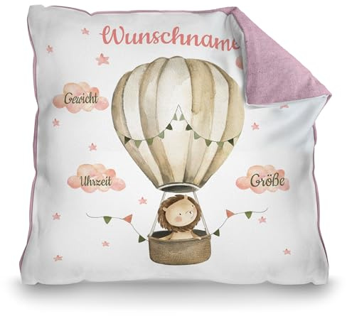 Print Royal PR Kissen zur Geburt mit Name und Geburtsdaten Personalisieren - Löwe im Heißluftballon - Personalisiertes Geschenk zur Geburt | 40 x 40 cm, Rückseite Pastellrosa