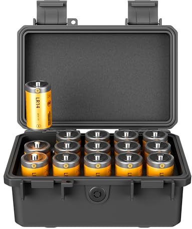 KIWIFOTOS 15 Slots C/LR14/AM2 Battery Organizer Storage Case Heavy Duty IP67 Waterproof C LR14 Cell Alkaline Batteries Holder for Household Outdoor Camping Office (Battery Not Included)