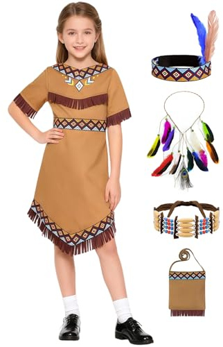 Velmawig Indianer Kostüm Kinder Mädchen Karneval Kostüm Heimisch Indisch Cosplay Outfit mit Zubehör Kopfschmuck Feder Faschingskostüme Kleid für Karneval Fasching Halloween