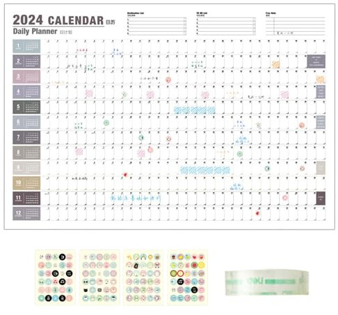 365 Posterkalender, 2024 Volljahreskalender pro Seite, 12 Monate jährlicher Jahresplaner, Wandplaner 2024, Jahresplaner 2024, Wandkalender und Posterkalender für Januar 2024 bis Dezember 2024