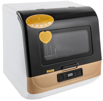 WOLEGM Mini lave-vaisselle de table, autonome, pour 4 à 6 couverts - Mini lave-vaisselle de table avec tuyau d'arrosage (doré)