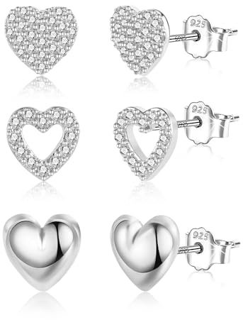 ALEXCRAFT Juego de Pendientes Pequeños con Corazón Plata para Mujer, Pendientes Mini con Circonitas, Plata 925, Hipoalergénicos, Varios Piercings de Cartílago, 3 Pares