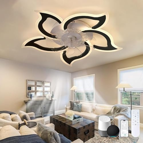 Smart Fan Light Ceiling Alexa LED Dimmable 6 Speed Ceiling Fans with Lamps Remote Control Silent Reversible Light Fan Ceiling Modern Flower Flush Mount for Bedroom, Living Room, Lounge, Black||B