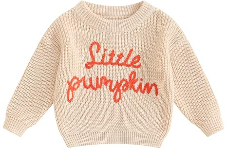 Geagodelia Baby Halloween Knitted Jumper Kids Toddler Boys Girls Pumpkin Letter Embroidered Oversized Knit Sweater Pullover Winter Knitwear Newborn My First Halloween Outfit (Beige, 2-3 Years)