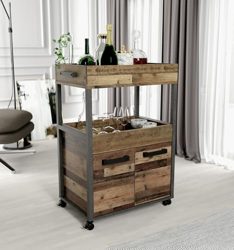 möbelando Servierwagen >Home Bar< auf Rollen, in Old-Wood Vintage Dekor/Betonoptik - 60x88,5x40cm (B/H/T)