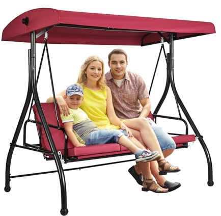 VEVOR Columpio de 3 Plazas para Terraza Columpio Convertible con Dosel Ajustable para Porche Exterior con Cojín Grueso Extraíble Marco de Acero de Aleación para Balcón, Jardín, Piscina, Color Burdeos