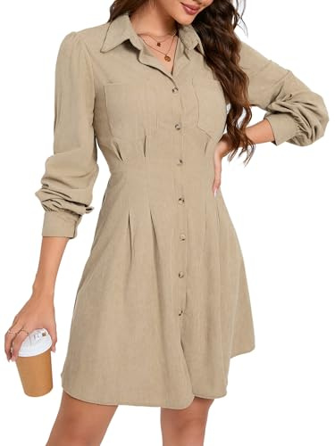 KOJOOIN Abito Camicetta da Donna, Abito Camicia in Velluto a Coste a Maniche Lunghe, Abito Tunica a Trapezio, Abito Mini in Velluto a Coste con Tasca e abbottonatura Crema L