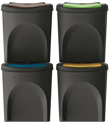 Set 4 cubos de basura 100% plástico reciclado, negro, 4x 25L