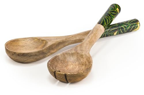 woodluv Set of 2 Salad Servers or Salad Tongs, Wooden Spoons for Cooking, Serving Utensils for Salad or Pasta, Spoon and Fork Set